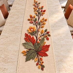 Autumn Crochet Table Runner Pattern Botanical Leaf Applique Embroidery Fall Decor Sewing Guide