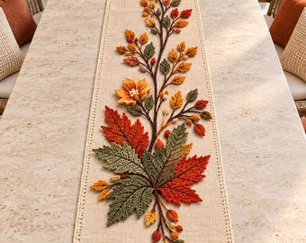 Herfst haakpatroon voor een tafelloper met botanische bladapplicaties en borduursels voor herfstdecoratie. Naaihandleiding.