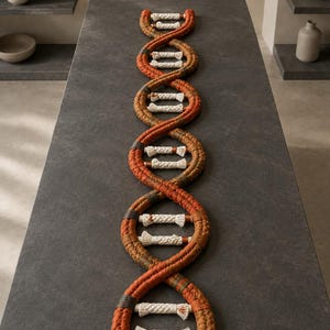 May include: A decorative wall hanging shaped like a DNA double helix, constructed from braided cord in shades of burnt orange, brown, and olive green, with white cord rungs connecting the two spiraling strands in a repeating structural pattern.