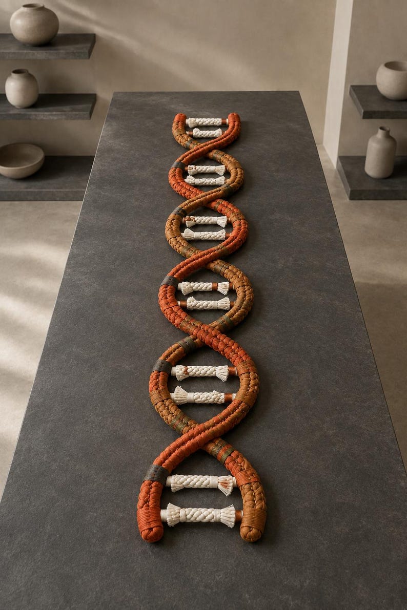 May include: A decorative wall hanging shaped like a DNA double helix, constructed from braided cord in shades of burnt orange, brown, and olive green, with white cord rungs connecting the two spiraling strands in a repeating structural pattern.
