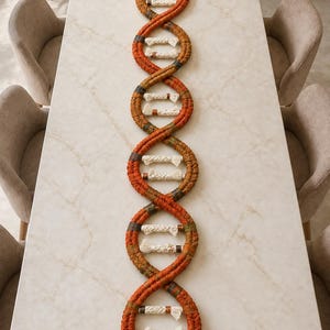 May include: A decorative wall hanging or table runner shaped like a DNA double helix, constructed from braided cord in shades of rust, orange, and brown, with off-white horizontal rungs connecting the two spiraling strands of the structure.