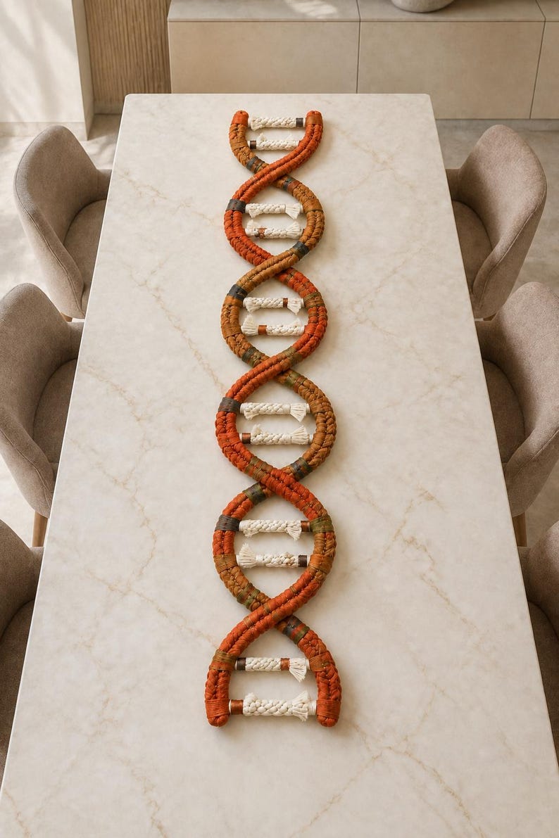 May include: A decorative wall hanging or table runner shaped like a DNA double helix, constructed from braided cord in shades of rust, orange, and brown, with off-white horizontal rungs connecting the two spiraling strands of the structure.