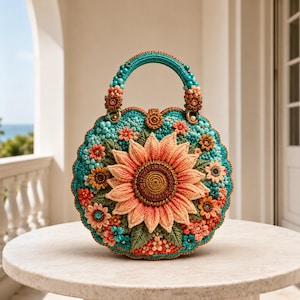 May include: A round, crocheted handbag featuring a large, central peach-colored sunflower with a dark brown center. The bag is decorated with smaller crocheted flowers, green leaves, and turquoise beads, with a matching turquoise crocheted handle.