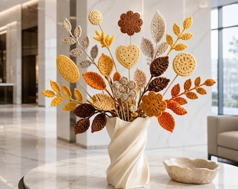 Crochet Floral Arrangement Pattern Autumn Leaves Biscuit Flower Vase Decor Handmade Table Centerpiece Tutorial