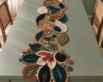 Botanical Crochet Table Runner Pattern Irish Lace Floral Leaf Appliqué Home Decor