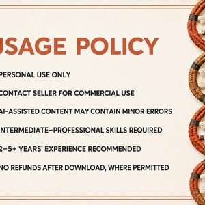 May include: A document titled USAGE POLICY with a list of six bullet points regarding personal use, commercial contact, AI-assisted content, skill requirements, experience recommendations, and refund policies, featuring a DNA strand graphic.
