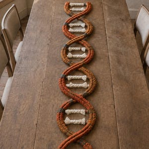 May include: A macrame wall hanging or table runner shaped like a DNA double helix. The two long, spiraling strands are made of textured, rust-colored cord, while the horizontal rungs connecting them are crafted from thick, off-white braided rope.