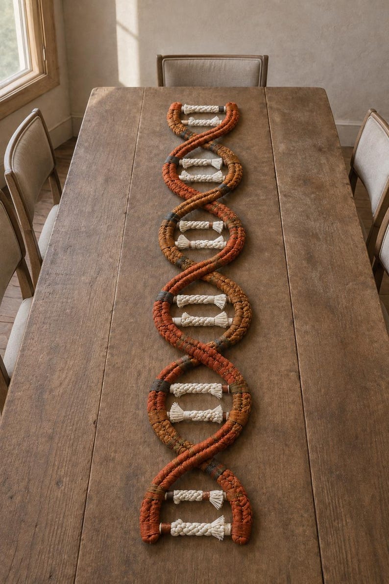 May include: A macrame wall hanging or table runner shaped like a DNA double helix. The two long, spiraling strands are made of textured, rust-colored cord, while the horizontal rungs connecting them are crafted from thick, off-white braided rope.