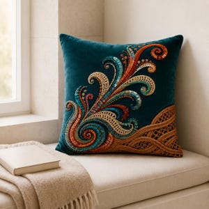 May include: A square teal velvet throw pillow featuring an intricate embroidered design of swirling paisley-like patterns. The embellishment includes metallic sequins and textured thread work in shades of copper, gold, and turquoise blue.