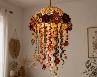 Jellyfish Crochet Pattern Floral Hanging Lamp Pattern Boho Flower Chandelier Decor Handmade Light Tutorial
