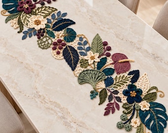 Crochet Floral Lace Applique Table Runner Pattern Botanical Leaf Flower Motif Home Decor Guide