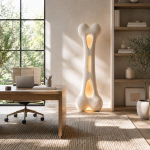May include: A tall, off-white floor lamp shaped like a large, stylised bone with a textured surface. The lamp features three elongated, hollow cutouts that emit a warm, soft glow from within, illuminating the surrounding space in a room.