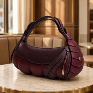 May include: A deep purple hobo-style handbag with a crescent shape, featuring a textured leather-like finish, a braided handle, and a side panel with layered, scale-like flaps. A small gold-toned metal charm hangs from the side of the bag.