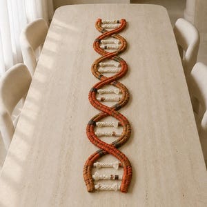 May include: A macrame wall hanging or table runner shaped like a DNA double helix. The structure features two long, twisted strands in shades of rust, orange, and brown, connected by horizontal rungs made of off-white knotted cord.