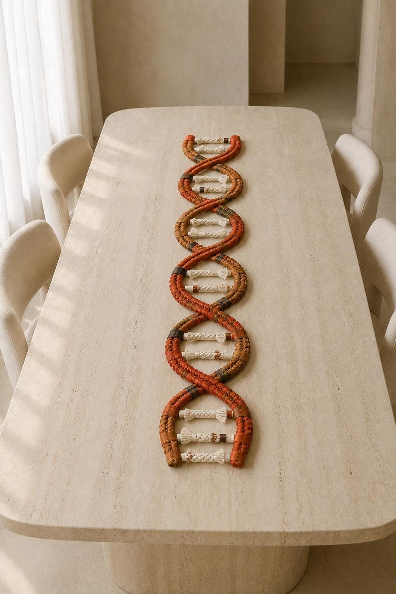 May include: A macrame wall hanging or table runner shaped like a DNA double helix. The structure features two long, twisted strands in shades of rust, orange, and brown, connected by horizontal rungs made of off-white knotted cord.
