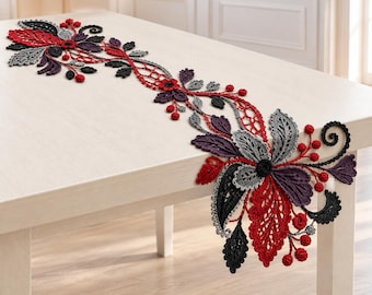Crochet Floral Table Runner Pattern Lace Leaf Centerpiece Red Black Purple Decor Guide