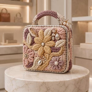 May include: A square-shaped crochet handbag featuring a textured floral design in shades of mauve, cream, and yellow. The bag includes a sturdy top handle, metallic silver trim, and decorative pearl and leaf accents attached to the front surface.