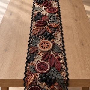 May include: A rectangular crochet table runner featuring a detailed autumn-inspired motif. The design includes dark red, orange, and forest green leaves, clusters of black berries, and circular citrus slice patterns, all bordered by a black lace edge.