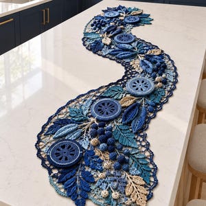 May include: A long, S-shaped crochet table runner featuring a botanical design with intricate blue and beige leaves, berries, and circular citrus-slice motifs. The piece is crafted with varied shades of blue yarn, creating a textured, layered appearance.