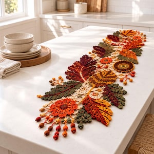 Autumn Crochet Leaf Table Runner Pattern Floral Lace Doily Fall Centerpiece Irish Crochet Decor