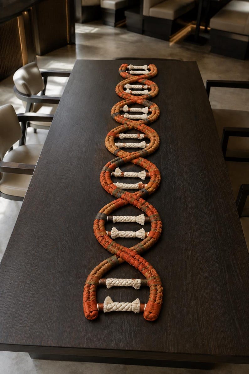 May include: A decorative table runner shaped like a DNA double helix, constructed from braided orange and brown fabric strands with white rope cross-links, laid out in a repeating spiral pattern across the length of a dark wooden table surface.
