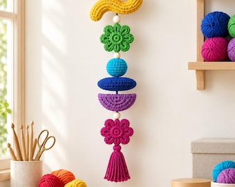 Crochet Wall Hanging Pattern, Boho Rainbow Floral Tassel Ornament, Colorful Home Decor