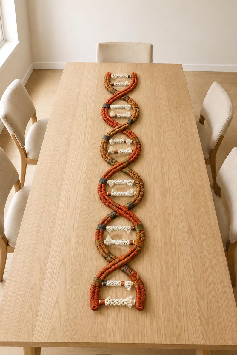 May include: A macrame wall hanging shaped like a DNA double helix structure. The piece features two long, twisted strands in shades of rust, orange, and brown, connected by horizontal rungs made of thick, off-white braided cotton cord.