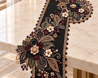Royal Black Floral Table Runner Pattern Crochet Lace Applique Sewing Guide Elegant Home Decor