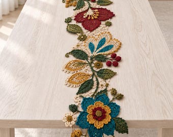 Crochet Table Runner Pattern, Irish Lace 3D Floral Leaf Appliqué, Botanical Dining Decor Tutorial