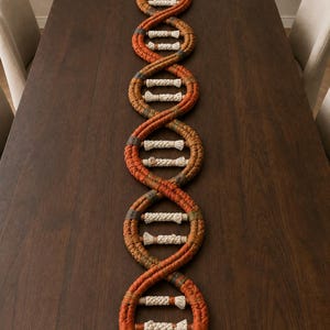 May include: A macrame wall hanging or table runner shaped like a DNA double helix. The structure is composed of two long, twisted ropes in shades of orange, brown, and tan, connected by horizontal rungs made of thick, off-white braided cord.