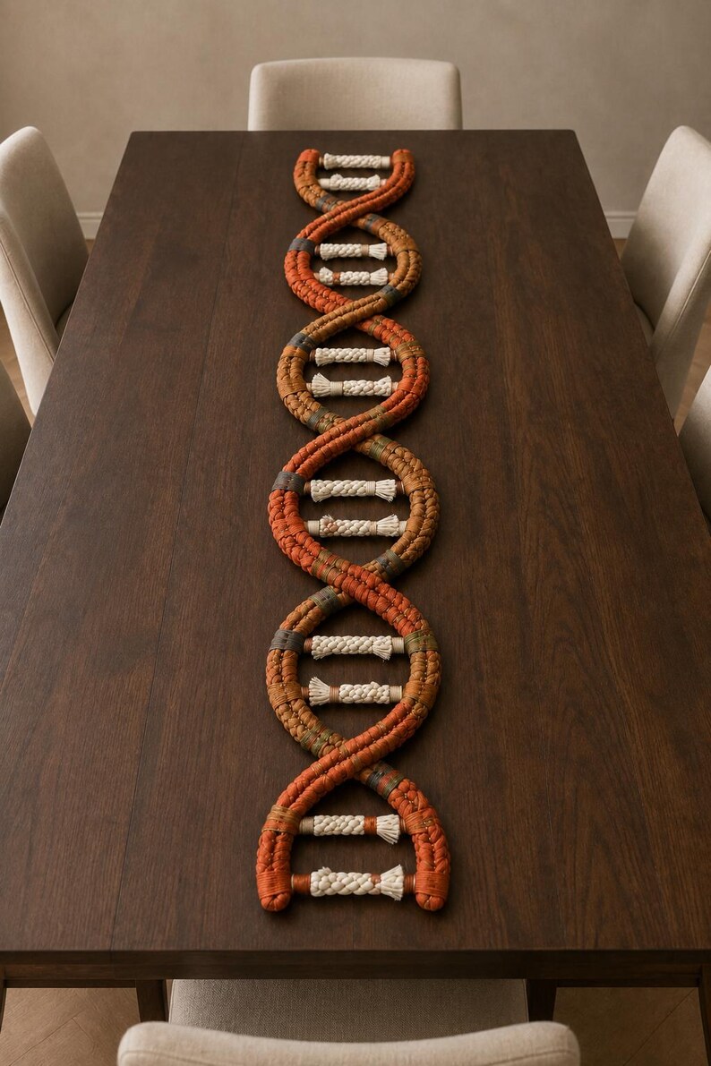 May include: A macrame wall hanging or table runner shaped like a DNA double helix. The structure is composed of two long, twisted ropes in shades of orange, brown, and tan, connected by horizontal rungs made of thick, off-white braided cord.