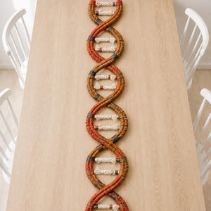 May include: A macrame wall hanging shaped like a DNA double helix, featuring two long, twisted strands in shades of rust, orange, and brown, connected by horizontal rungs made of thick, off-white braided cotton cord throughout the structure.