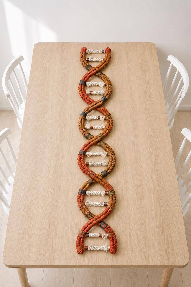 May include: A macrame wall hanging shaped like a DNA double helix, featuring two long, twisted strands in shades of rust, orange, and brown, connected by horizontal rungs made of thick, off-white braided cotton cord throughout the structure.