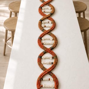 May include: A macrame wall hanging shaped like a DNA double helix, featuring two long, twisted strands in shades of burnt orange, rust, and brown, connected by horizontal rungs made of thick, off-white braided cotton rope.