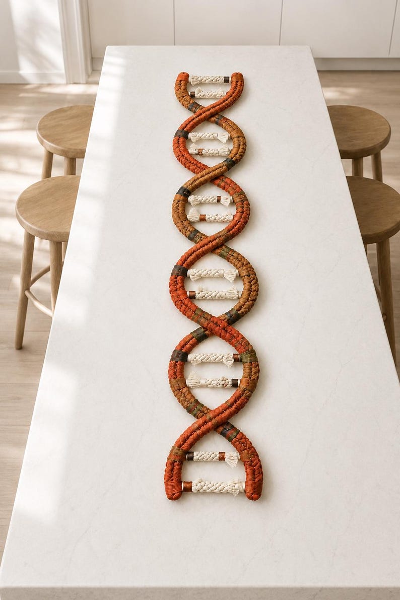 May include: A macrame wall hanging shaped like a DNA double helix, featuring two long, twisted strands in shades of burnt orange, rust, and brown, connected by horizontal rungs made of thick, off-white braided cotton rope.
