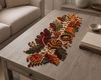 Autumn Crochet Leaf Table Runner Pattern Floral Lace Doily Fall Centerpiece Irish Crochet Decor