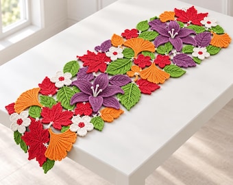 Crochet Floral Table Runner Pattern Purple Red Orange Green White Botanical Home Decor DIY