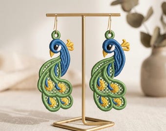 Diseño de bordado para pendientes de plumas de pavo real FSL, patrón de pendientes de plumas de encaje independientes, descarga digital para bordado a máquina