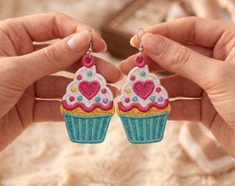 Diseño de bordado para pendientes Cupcake FSL, pendientes de encaje independientes, patrón de joyería con dulces, pendientes de aro, joyería DIY