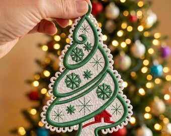 FSL Green House Tree Embroidery Design, Free Standing Lace Holiday Ornament with Red House & Snowflake, Machine Embroidery Download