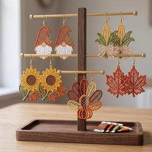 FSL Fall Earrings Embroidery Design Bundle, Turkey Feather Fan, Sunflower, Corn Stalk, Maple Leaf, Gnome Hat Lace Machine Embroidery Files