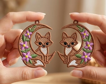 Diseño de bordado de pendientes de encaje con zorro del bosque, patrón de pendientes de zorro FSL, joyería de encaje independiente, descarga digital para bordado a máquina.
