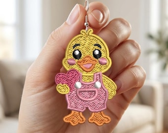 Diseño de bordado de pendientes de pato de verano, patrón de bordado de pendientes FSL, joyería bordada a máquina, descarga digital de encaje soluble en agua