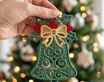 FSL Christmas Bell Embroidery Design, Free Standing Lace Christmas Ornament, Holiday Machine Embroidery Pattern Instant Download