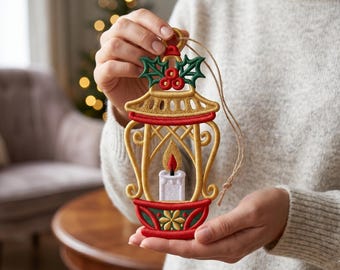 Diseño de bordado de farol navideño FSL, patrón de adorno navideño de encaje independiente, descarga de archivo de bordado a máquina
