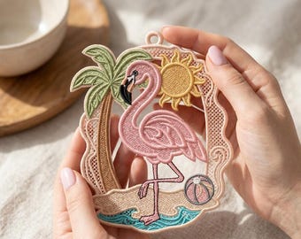 Diseño de bordado de flamenco FSL, escena de playa veraniega, archivo de bordado a máquina de animales, descarga digital