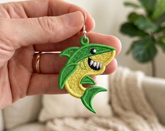 Diseño de bordado de pendientes de tiburón azul FSL, patrón de pendientes de encaje independientes, joyería de animales marinos, archivo de bordado a máquina para bastidor.