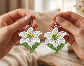Diseño de bordado de pendientes de encaje White Lily FSL, patrón de pendientes de encaje florales independientes, descarga digital para bordado a máquina.