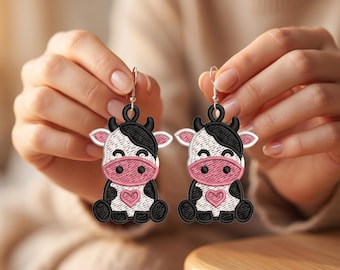 Diseño de bordado para pendientes de vaca FSL, pendientes de encaje independientes con forma de animales de granja, patrón de joyería para aro, pendientes de estilo campestre para hacer tú mismo