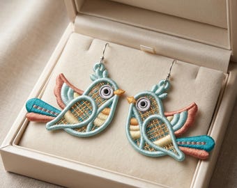 Colorful Bird Earrings Embroidery Design, FSL Bird Jewelry File, Free Standing Lace Bird Embroidery Design